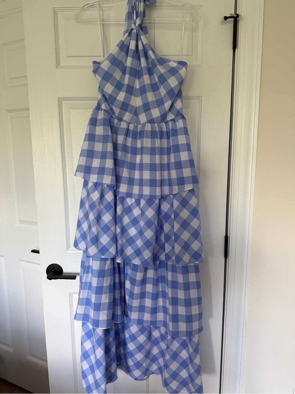 Blue & White Gingham Tiered Halter Dress size large Brand New